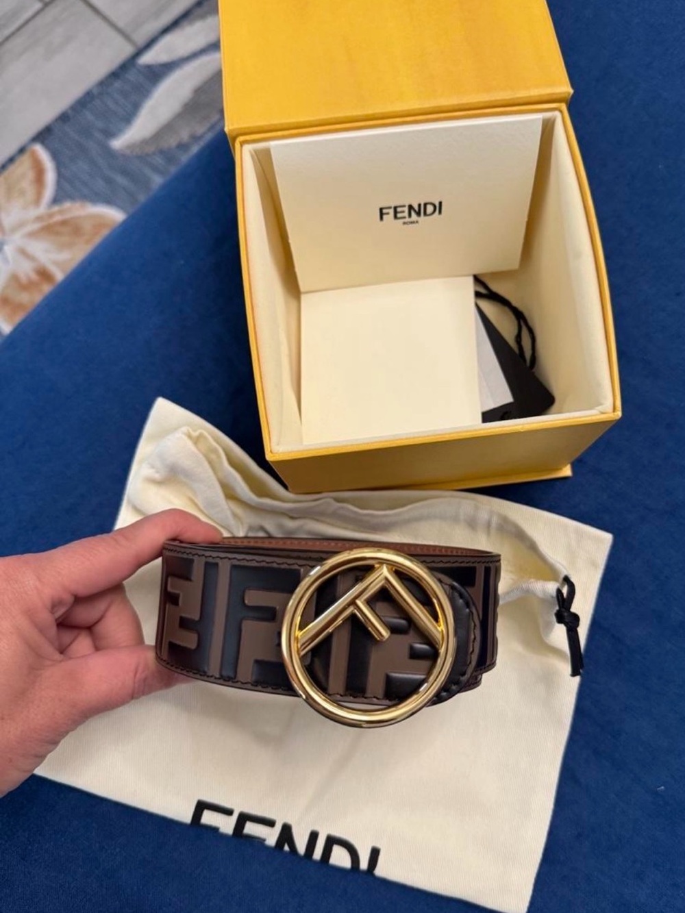Fendi Brown Leather FF Embossed Belt with Gold Logo Buckle Size 80